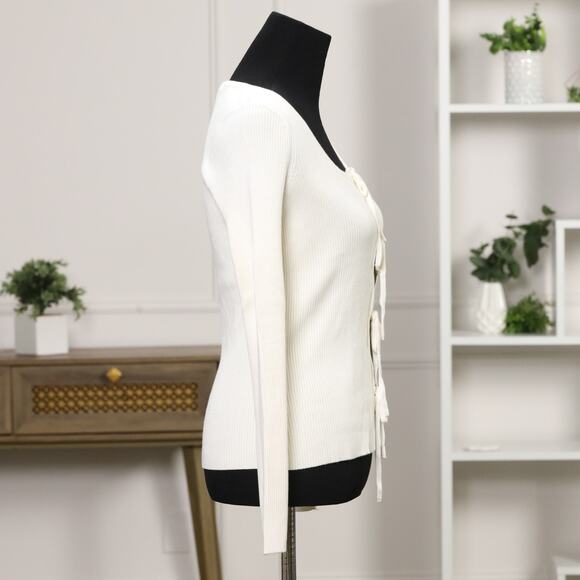 NWOT Abercrombie & Fitch Cream Ribbed Bow Front Top boho Chic Long Sleeve Size M - Picture 6 of 12